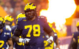 Michigan Wolverines football offensive lineman Myles Hinton transferred in from Stanford ahead of the 2023 season. (Photo by Mark J. Rebilas-USA TODAY Sports)
