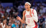 United States forward A'Ja Wilson (9) celebrates during the first half against Japan during the Paris 2024 Olympic Summer Games at Stade Pierre-Mauroy. Mandatory Credit: John David Mercer-USA TODAY Sports