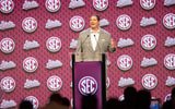 Mississippi State head coach Jeff Lebby speaking at Omni Dallas Hotel. Mandatory Credit: Brett Patzke-USA TODAY Sports