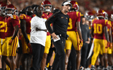 USC Trojans head coach Lincoln Riley reacts against the Utah State Aggies during the first quarter at United Airlines Field at Los Angeles Memorial Coliseum