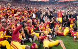 The USC Trojans pose for a team photo following a season-opening win against the LSU Tigers at Allegiant Stadium in Las Vegas