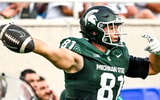 Michigan State's Michael Masunas celebrates a first down after a catch against Florida Atlantic during the first quarter on Friday, Aug. 30, 2024, at Spartan Stadium in East Lansing - Nick King, USA TODAY Sports