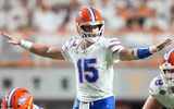 Oct 12, 2024; Knoxville, Tennessee, USA; Florida Gators quarterback Graham Mertz (15) audibles against the Tennessee Volunteerss at Neyland Stadium. Mandatory Credit: Brianna Paciorka/USA TODAY Network via Imagn Images