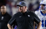 Oct 19, 2024; Gainesville, Florida, USA; Kentucky Wildcats head coach Mark Stoops looks against the Florida Gators during the first half at Ben Hill Griffin Stadium. Mandatory Credit: Matt Pendleton-Imagn Images