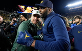 Michigan State head coach Jonathan Smith, left, shakes hands with head coach Sherrone Moore after 24-17 loss at Michigan Stadium in Ann Arbor on Saturday, Oct. 26, 2024. | Photo by Junfu Han | USA Today Network