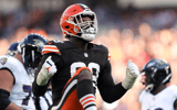 Cleveland Browns defensive end Za'Darius Smith celebrates after sacking Baltimore Ravens quarterback Lamar Jackson during the second half at Huntington Bank Field, Sunday, Oct. 27, 2024, in Cleveland. © Jeff Lange / USA TODAY NETWORK via Imagn Images