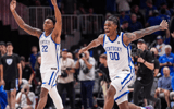 Nov 12, 2024; Atlanta, Georgia, USA; Kentucky Wildcats players react after defeating the Duke Blue Devils at State Farm Arena. Mandatory Credit: Dale Zanine-Imagn Images