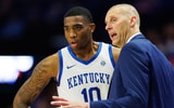 Nov 9, 2024; Lexington, Kentucky, USA; Kentucky Wildcats head coach Mark Pope talks with forward Brandon Garrison (10) during the second half against the Bucknell Bison at Rupp Arena at Central Bank Center. Mandatory Credit: Jordan Prather-Imagn Images