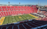 The Los Angeles Memorial Coliseum with throwback paint scheme for a homecoming game between the USC Trojans and Nebraska Cornhuskers