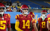 USC quarterback Jayden Maiava warmups up before a game between the Trojans and UCLA Bruins at the Rose Bowl