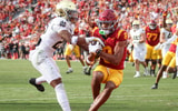 USC wide receiver Ja'Kobi Lane comes down with a touchdown reception during a game against the Notre Dame Fighting Irish