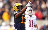 Nov 23, 2024; Berkeley, California, USA; California Golden Bears wide receiver Nyziah Hunter (13) gestures after catching a pass against the Stanford Cardinal during the fourth quarter at California Memorial Stadium. Mandatory Credit: Darren Yamashita-Imagn Images