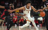 USC Trojans guard Desmond Claude (1) dribbles the ball against Cal State Northridge Matadors guard Jordan Brinson (23) in the second half at Galen Center