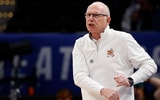 Mar 12, 2024; Washington, D.C., USA; Miami (Fl) Hurricanes head coach Jim Larranaga reacts after a foul call in their game against the Boston College Eagles in the first half at Capital One Arena. Mandatory Credit: Geoff Burke-USA TODAY Sports