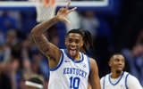 Jan 18, 2025; Lexington, Kentucky, USA; Kentucky Wildcats forward Brandon Garrison (10) celebrates after making a three point basket during the first half against the Alabama Crimson Tide at Rupp Arena at Central Bank Center. Mandatory Credit: Jordan Prather-Imagn Images