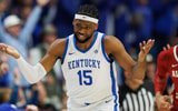 Jan 18, 2025; Lexington, Kentucky, USA; Kentucky Wildcats forward Ansley Almonor (15) celebrates after making a three point basket during the first half against the Alabama Crimson Tide at Rupp Arena at Central Bank Center. Mandatory Credit: Jordan Prather-Imagn Images