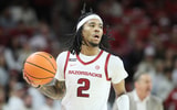 Jan 11, 2025; Fayetteville, Arkansas, USA; Arkansas Razorbacks guard Boogie Fland (2) dribbles during the first half against the Florida Gators at Bud Walton Arena. Mandatory Credit: Nelson Chenault-Imagn Images