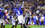Aug 31, 2024; Lexington, Kentucky, USA; Kentucky Wildcats defensive back JQ Hardaway (6) celebrates after an interception in the end zone against Southern Miss Golden Eagles during the second quarter at Kroger Field. Mandatory Credit: Carter Skaggs-Imagn Images