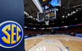 Mar 4, 2023; Greenville, SC, USA; General view of the SEC logo with court at Bon Secours Wellness Arena. Mandatory Credit: David Yeazell-Imagn Images