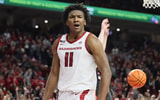 Jan 22, 2025; Fayetteville, Arkansas, USA; Arkansas Razorbacks forward Karter Knox (11) reacts after a play in the second half against the Georgia Bulldogs at Bud Walton Arena. Arkansas won 68-65. Mandatory Credit: Nelson Chenault-Imagn Images