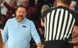 Jan 18, 2025; Starkville, Mississippi, USA; Mississippi Rebels head coach Chris Beard reacts toward an official during the second half against the Mississippi State Bulldogs at Humphrey Coliseum. Mandatory Credit: Petre Thomas-Imagn Images