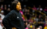Rutgers head coach Coquese Washington looks on during a game against Iowa. (Photo by Joseph Cress/Iowa City Press-Citizen)