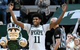Michigan State Spartans guard Jase Richardson (11) celebrates against the Oregon Ducks at the end of the game at Jack Breslin Student Events Center. - Dale Young, USA TODAY Sports
