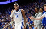 Feb 11, 2025; Lexington, Kentucky, USA; Kentucky Wildcats forward Ansley Almonor (15) celebrates after scoring a three point basket during the second half at Rupp Arena at Central Bank Center. Mandatory Credit: Jordan Prather-Imagn Images