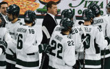 MSU hockey coach Adam Nightingale and his Spartans gather on the ice following MSU's 4-3 win over Notre Dame, Saturday, Nov. 15, 2024 -Matthew Dae Smith, USA TODAY Sports