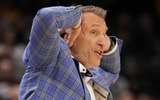 Alabama head coach Nate Oats does a surrender cobra in an SEC loss at Missouri, via Denny Medley-Imagn Images