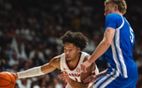 Feb 22, 2025; Tuscaloosa, Alabama, USA; Alabama Crimson Tide guard Mark Sears (1) drives the ball against Kentucky Wildcats guard Collin Chandler (5) during the first half at Coleman Coliseum. Mandatory Credit: Will McLelland-Imagn Images