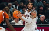 South Carolina Gamecocks guard Jacobi Wright looks to pass during a men’s basketball game against the Texas Longhorns at Colonial Life Arena in Columbia, S.C., on Feb. 22, 2025. (Jackson Randall/GamecockCentral.com)