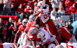 Oct 26, 2024; Columbus, Ohio, USA; Nebraska Cornhuskers running back Dante Dowdell (23) is stopped at the goal line on fourth down by Ohio State Buckeyes linebacker Cody Simon (0) during the third quarter at Ohio Stadium. Mandatory Credit: Joseph Maiorana-Imagn Images