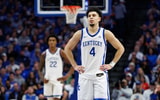 Kentucky Wildcats guard Koby Brea (4) looks on as a teammate shoots a free throw during the second half against the Auburn Tigers at Rupp Arena at Central Bank Center. Mandatory Credit: Jordan Prather-Imagn Images