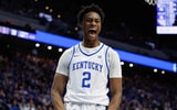 Jan 14, 2025; Lexington, Kentucky, USA; Kentucky Wildcats guard Jaxson Robinson (2) celebrates after making a basket during the second half against the Texas A&M Aggies at Rupp Arena at Central Bank Center. Mandatory Credit: Jordan Prather-Imagn Images