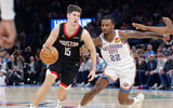 Houston Rockets guard Reed Sheppard (15) moves the ball down the court beside Oklahoma City Thunder guard Cason Wallace (22) during the second half at Paycom Center. Mandatory Credit: Alonzo Adams-Imagn Images