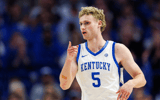 Kentucky Wildcats guard Collin Chandler (5) reacts after making a three-point basket during the first half against the LSU Tigers at Rupp Arena at Central Bank Center. Mandatory Credit: Jordan Prather-Imagn Images