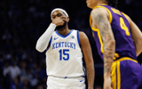 Kentucky Wildcats forward Ansley Almonor (15) celebrates after making a three-point basket during the second half against the LSU Tigersat Rupp Arena at Central Bank Center. Mandatory Credit: Jordan Prather-Imagn Images