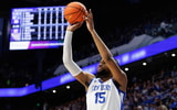 Mar 4, 2025; Lexington, Kentucky, USA; Kentucky Wildcats forward Ansley Almonor (15) shoots the ball during the second half against the LSU Tigers at Rupp Arena at Central Bank Center. Mandatory Credit: Jordan Prather-Imagn Images