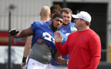 Longtime Bills defensive lineman Kyle Williams works with rookie and top draft pick Ed Oliver during training camp. (Photo: © JAMIE GERMANO/ROCHESTER DEMOCRAT AND CHRONICLE via Imagn Content Services, LLC)