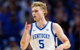 Kentucky Wildcats guard Collin Chandler (5) reacts after making a three-point basket during the first half against the LSU Tigers at Rupp Arena at Central Bank Center. Mandatory Credit: Jordan Prather-Imagn Images