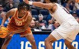 Texas Longhorns guard Tre Johnson (20) looks to pass during their second round game of the SEC Men's Basketball Tournament at Bridgestone Arena in Nashville, Tenn., Thursday, March 13, 2025 (© Nicole Hester / The Tennessean / USA TODAY NETWORK via Imagn Images)