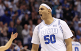 Feb 20, 2024; Provo, Utah, USA; Brigham Young Cougars center Aly Khalifa (50) reacts to a play against the Baylor Bears during the first half at Marriott Center. Mandatory Credit: Rob Gray-Imagn Images