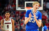 Mar 20, 2025; Lexington, KY, USA; Creighton Bluejays forward Jackson McAndrew (23) celebrates after beating the Louisville Cardinals in the first round of the NCAA Tournament at Rupp Arena. Mandatory Credit: Aaron Doster-Imagn Images