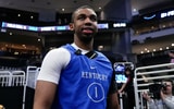 Mar 20, 2025; Milwaukee, WI, USA; Kentucky Wildcats guard Lamont Butler (1) walks to the court during NCAA Tournament First Round Practice at Fiserv Forum. Mandatory Credit: Jeff Hanisch-Imagn Images