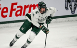 Michigan State's Charlie Stramel moves the puck against Notre Dame during the first period in the Big Ten tournament on Saturday, March 15, 2025, at Munn Arena in East Lansing. - Nick King, USA TODAY Sports