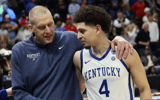 Mark Pope and Koby Brea celebrate an NCAA Tournament win, via Mont Dawson, Kentucky Sports Radio