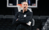 Mar 20, 2025; Milwaukee, WI, USA; Kentucky Wildcats head coach Mark Pope looks on during NCAA Tournament First Round Practice at Fiserv Forum. Mandatory Credit: Jeff Hanisch-Imagn Images