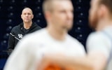 Kentucky Wildcats head coach Mark Pope watches players shoot around Thursday, March 27, 2025, during practice ahead of the Sweet 16 March Madness tournament game against the Tennessee Volunteers at Lucas Oil Stadium in Indianapolis - © Grace Hollars/IndyStar / USA TODAY NETWORK via Imagn Images
