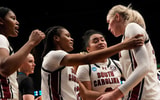 South Carolina women's basketball's Chloe Kitts, MiLaysia Fulwiley, Sania Feagin, and Te-Hina Paopao. Mandatory Credit: Gary Cosby Jr.-Tuscaloosa News
